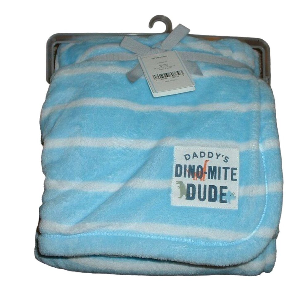 Carter's Baby Blanket Dinosaur Striped Aqua Blue White Fleece Dino-Mite NWT RARE